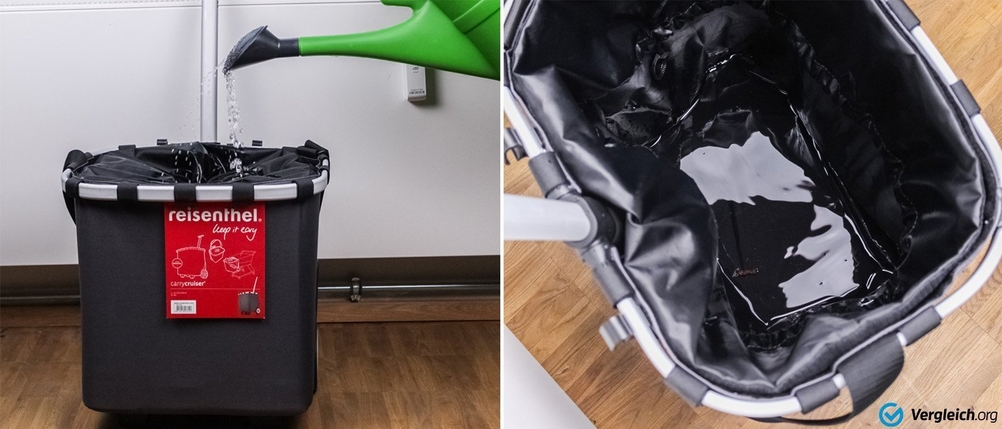 Zwei Einkaufstrolleys mit Wasser im Inneren.