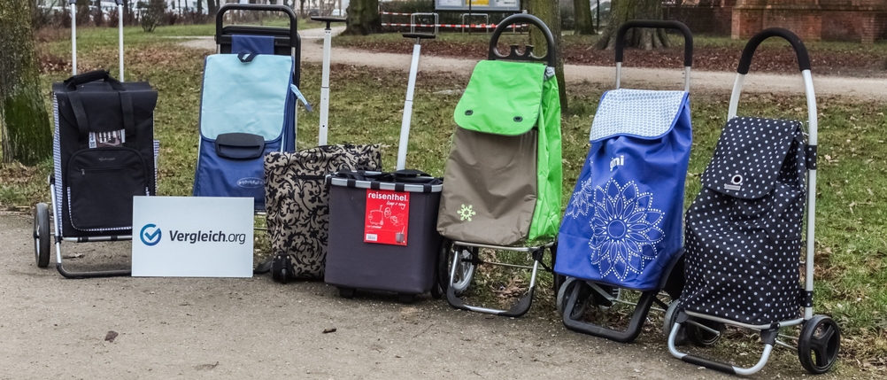 Viele verschiedene Einkaufstrolleys stehen im Freien nebeneinander.