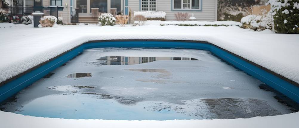Eisdruckpolster im Winter getestet: Ein Pool im Winter mit einer dünnen Eisdecke.