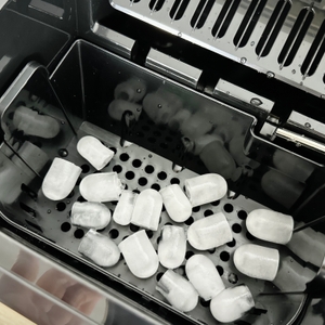 Blick in den Eiswürfelbereich der Kesser 14812 während der laufenden Produktion. Einzelne Würfel sind in der Form sichtbar.