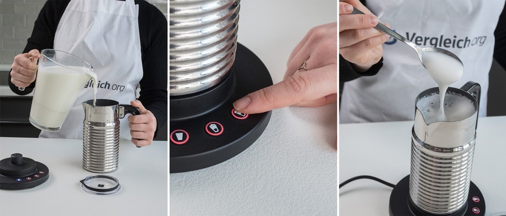 Die Milchschaumzubereitung mit einem elektrischen Milchaufschäumer in einer Bilderreihe.