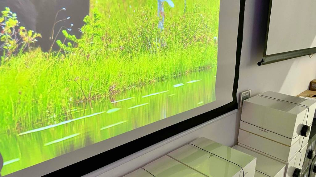 Detailansicht der Ecke einer heruntergelassenen schwarzen Rahmenleinwand im Test, die sich in einem Geschäft befindet.