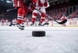 Ellenbogenschoner-Test: Zwei Eishockeyspieler auf dem Eishockeyplatz. 