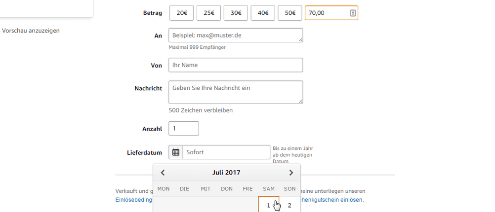 Formular zum Kaufen eines Amazon-Gutscheins bei Amazon