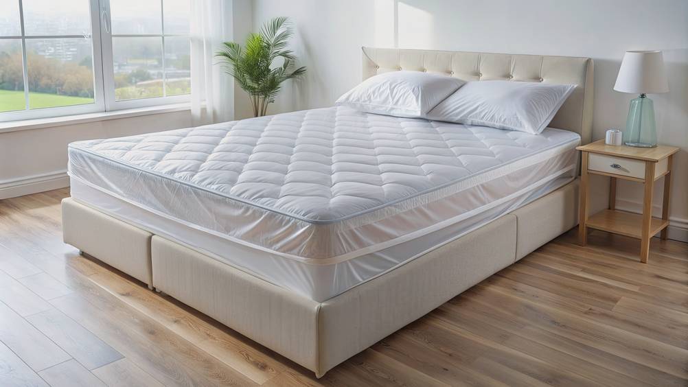 Encasing-Test: Eine Matratze ist mit einem Matratzenschutz vollständig umschlossen.