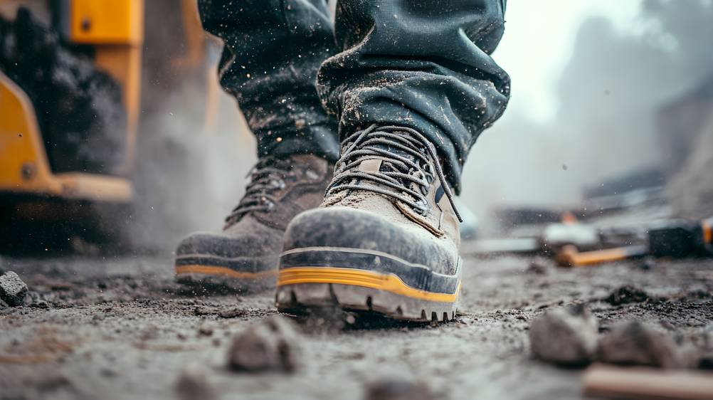 Strauss-Sicherheitsschuhe im Test: Ein paar Füße in Sicherheitschuhen auf einer Baustelle, alles verschmutzt.