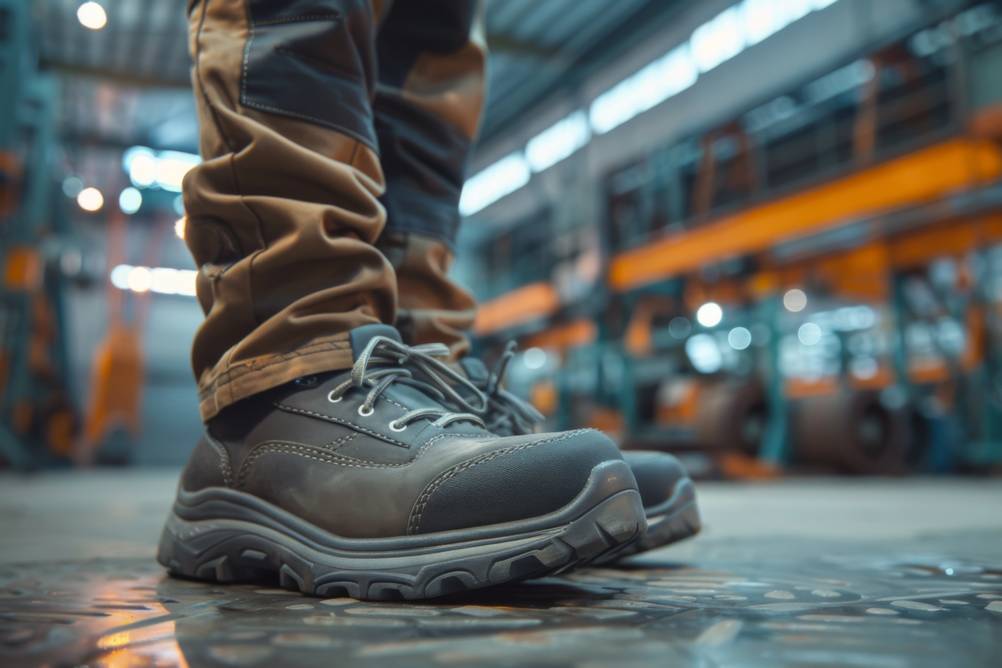 Strauss-Sicherheitsschuhe im Test: Ein paar Füße in orangenen Arbeitshosen und halbhohen Sicherheitsschuhen auf Industrieboden.