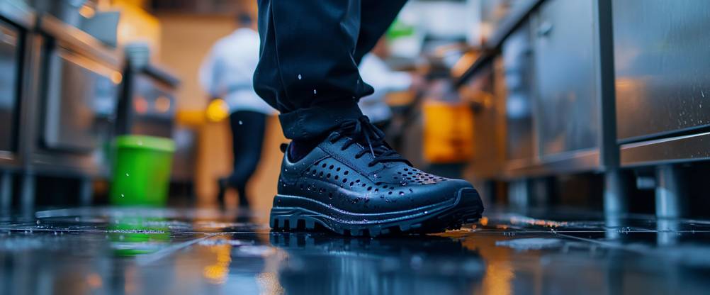 Strauss-Sicherheitsschuhe im Test: schwarze Sicherheitsschuhe mit Löchern auf glattem Boden.