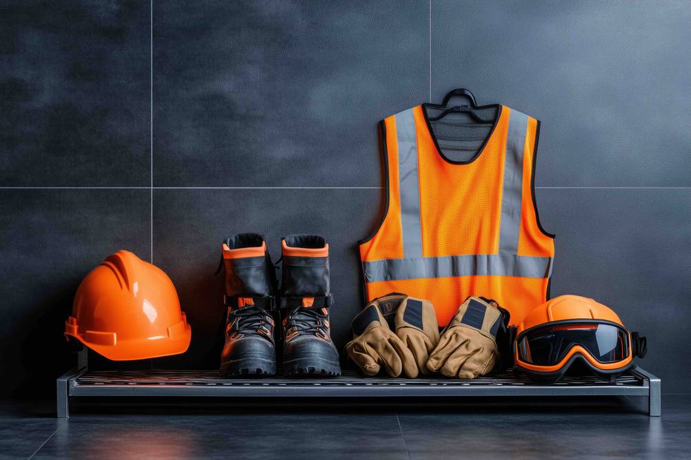 Strauss-Sicherheitsschuhe im Test: eine ganze Sicherheitsausrüstung in Schwarz-Orange mit Helm, Weste, Stiefeln, Handschuhen und Gehörschutz.