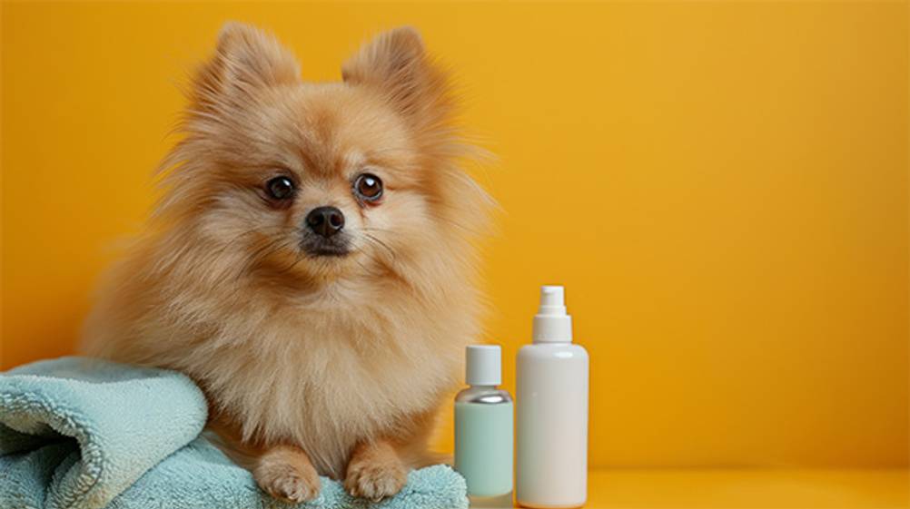 Entfilzungsspray-Hund: Ein kleiner Langhaar-Spitz liegt mit seinen Pfoten auf einem Handtuch, während neben ihm diverse Pflegeprodukte für schönes Fell stehen.