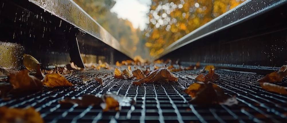 Eine Entwässerungsrinne im Herbst mit Herbstlaub in Nahaufnahme getestet.