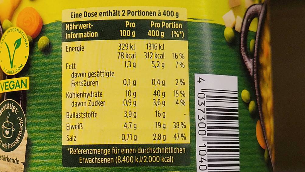 Erasco-Eintopf getestet: Nahaufnahme der Nährwerttabelle auf der Dose.