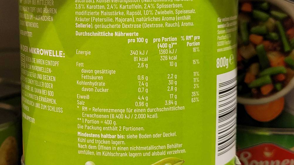 Erbsensuppe getestet: Nahaufnahme der Nährwerte auf der Rückseite der Verpackung.