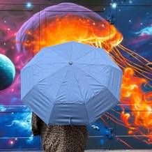 Regenschirm im Test: blauer Regenschirm vor bemalter Wand