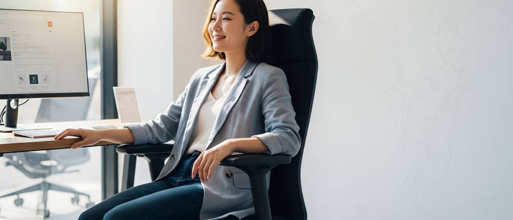 Ergonomischer-Bürostuhl-Test: Eine Frau sitzt auf einem ergonomisch geformten, schwarzen Bürostuhl vor einem Schreibtischarbeitsplatz.