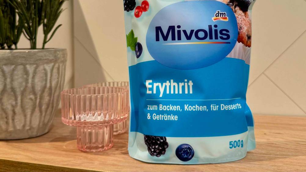 Erythrit im Test: Nahaufnahme der Verpackung mit Informationen.