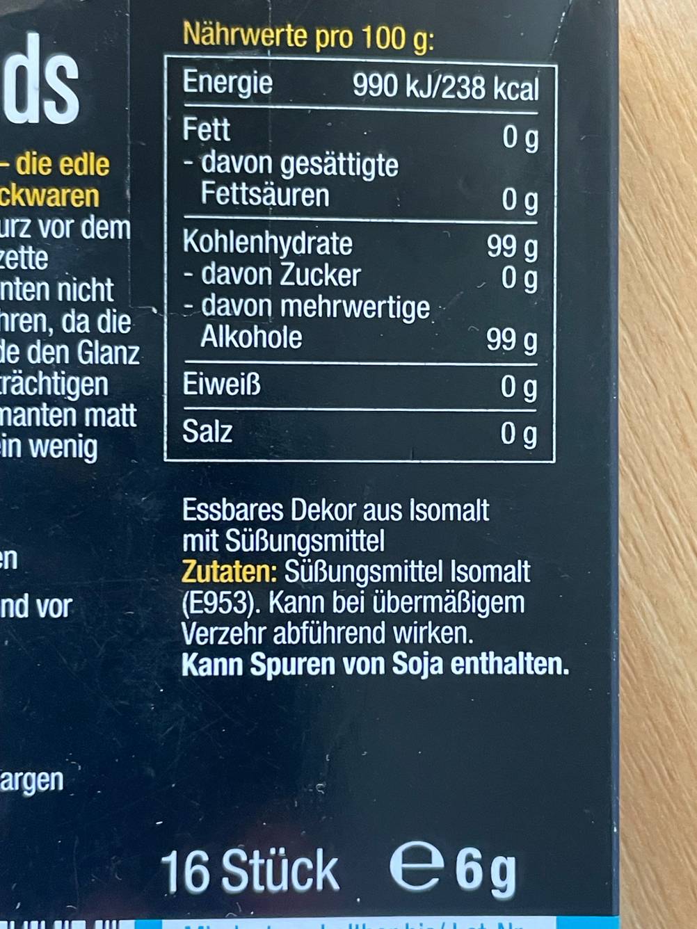 Essbarer Glitzer getestet: Nahaufnahme der Nährwerte auf der Packung.