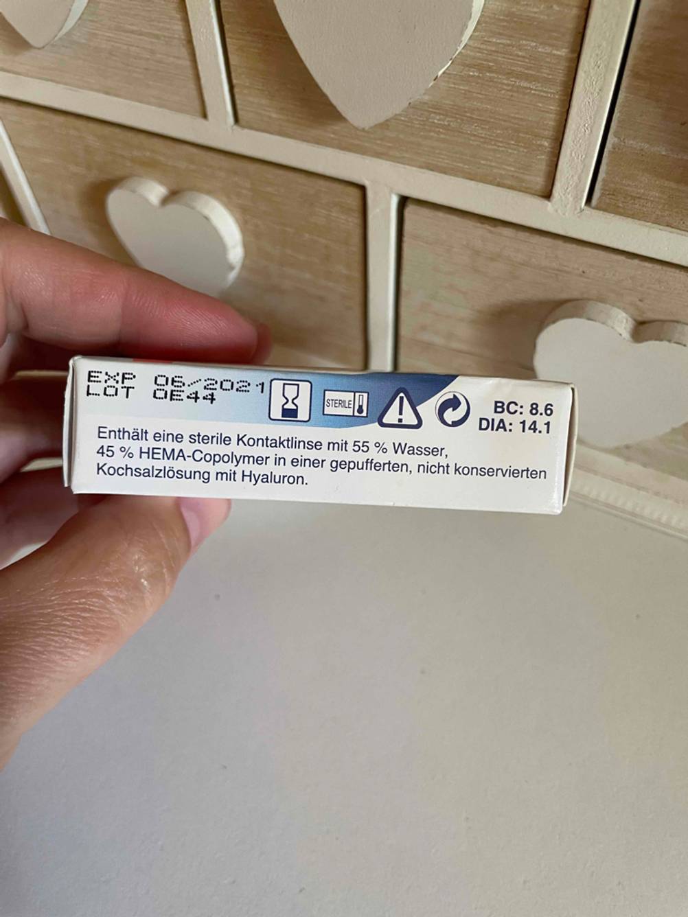 Eyelike-Monatslinsen Verpackung von der Seite.