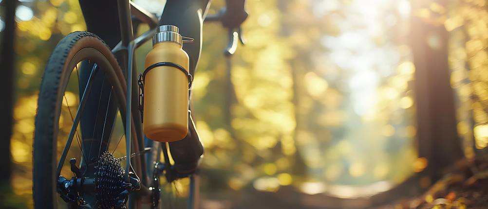 Fahrrad-Flaschenhalter-Test: Radler fährt durch den Wald, Trinkflasche ist auf der Höhe des Hinterrads angebracht