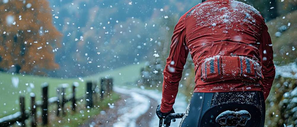 Beinlinge-Fahrrad-Test: Ein Mann fährt einen Weg entlangt. Es beginnt zu schneien.