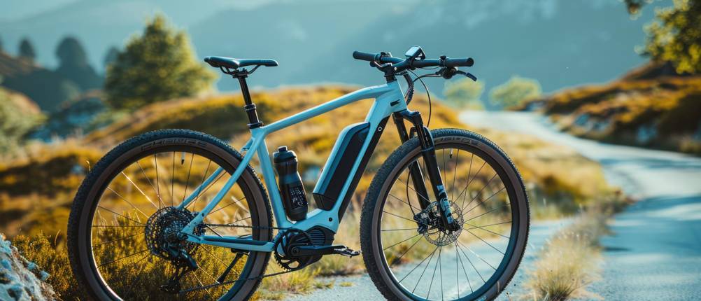 Fahrrad-Flaschenhalter-Test: E-Bike ohne Fahrer auf einem Weg. Flasche hält gegenüber Akku.