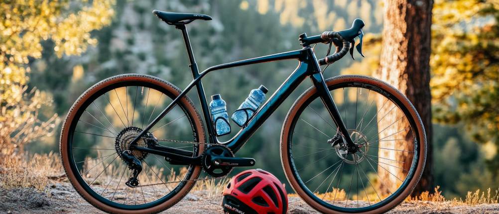 Fahrrad-Flaschenhalter-Test: Fahrrad mit zwei Flaschenhaltern steht im Wald. davor ein roter Helm