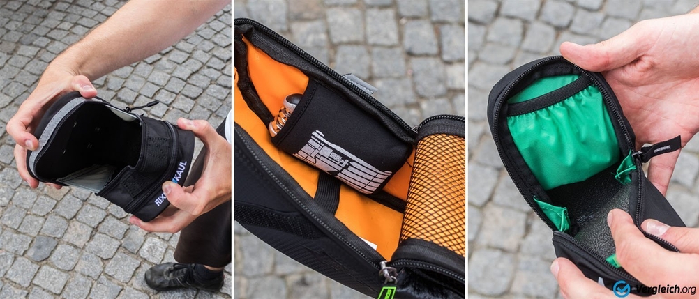 In einer Bildercollage werden die Fächeraufteilungen von kleinen Fahrrad-Satteltaschen begutachtet.