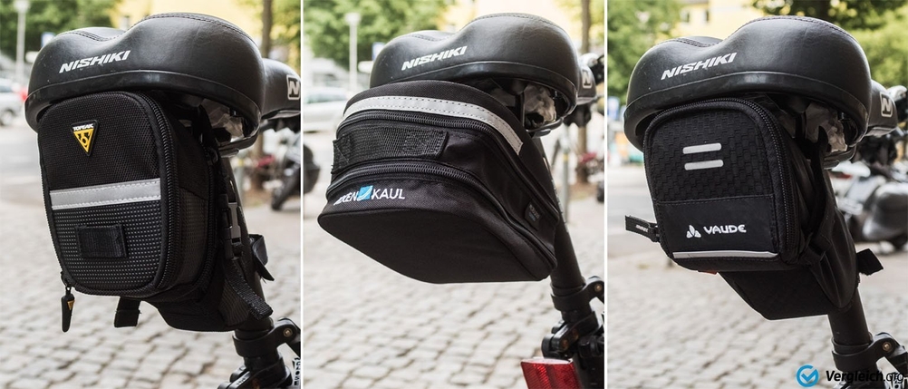 Collage aus drei Bildern, die verschiedene Befestigungen von Satteltaschen am Fahrrad zeigen.