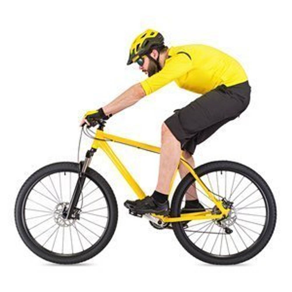 Mann in schwarz-gelber Fahrradbekleidung auf Mountainbike