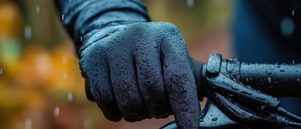 Fahrradhandschuhe-Erwachsene-Test: scharzer Neoprenhandschuh am Lenkrad