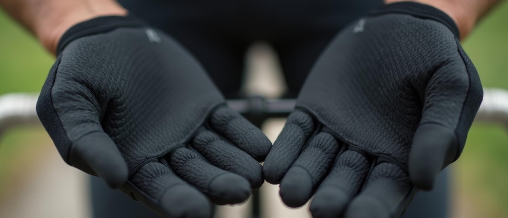 Fahrradhandschuhe-Erwachsene-Test: Ein Fahrradfahrer zeigt die Innenseiten seiner schwarzen Fahrradhandschuhe.