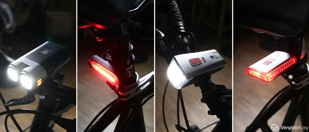 Fahrradbeleuchtung im Test: Nahaufnahme von je 2 Fahrradvorder- und 2 -rücklichter