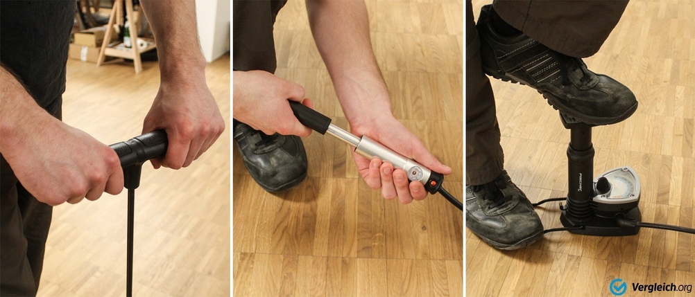 Fahrradpumpen-Test: Zu sehen ist eine Stand-, Hand- und Fußpumpe. 