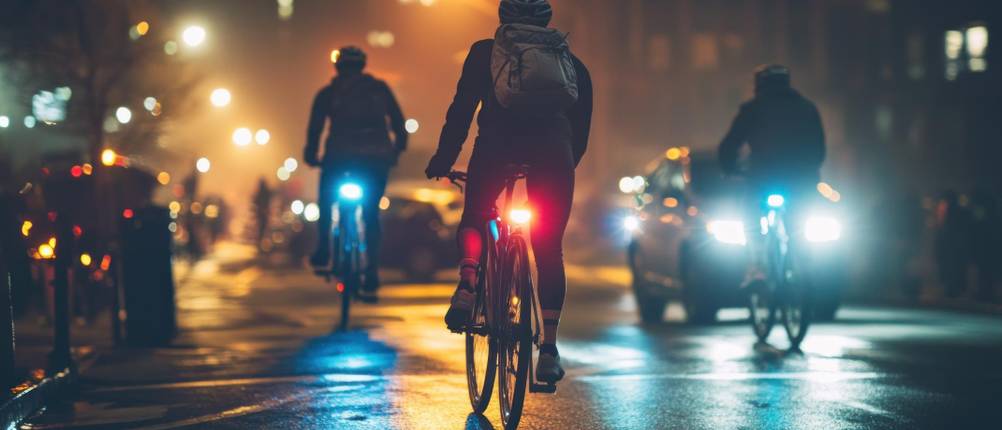 Fahrradscheinwerfer mit Fernlicht im Test: drei Fahrradfahrer fahren nachts auf einer Straße in einer Stadt