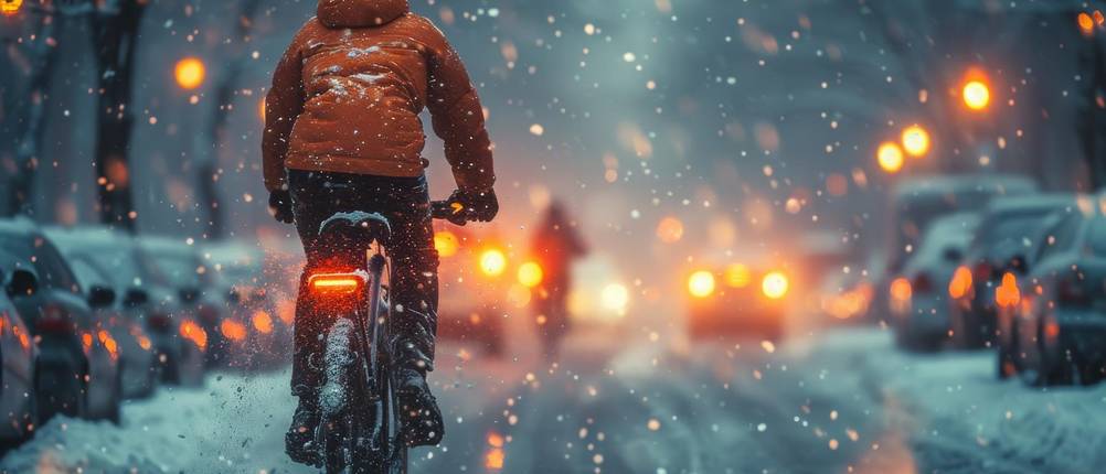 Fahrradscheinwerfer mit Fernlicht im Test: Fahrradfahrer fährt bei Schnee und Regen über die Straße