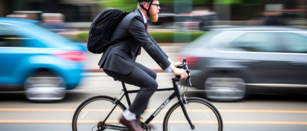 Ein Mann mit Anzug, Rucksack und Helm fährt schnell auf einem Fahrrad die Straße entlang.