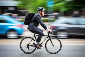Fahrradversicherungen im Test: Ein Mann mit Anzug, Rucksack und Helm fährt schnell auf einem Fahrrad die Straße entlang.