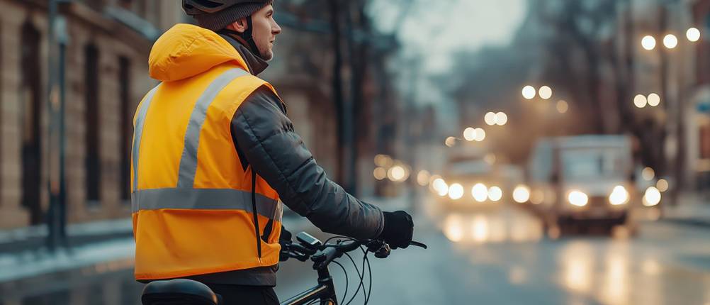 Fahrradweste-Herren-Test: Mann mit orangefarbener Fahrradweste auf Fahrrad im Stadt-Straßenverkehr