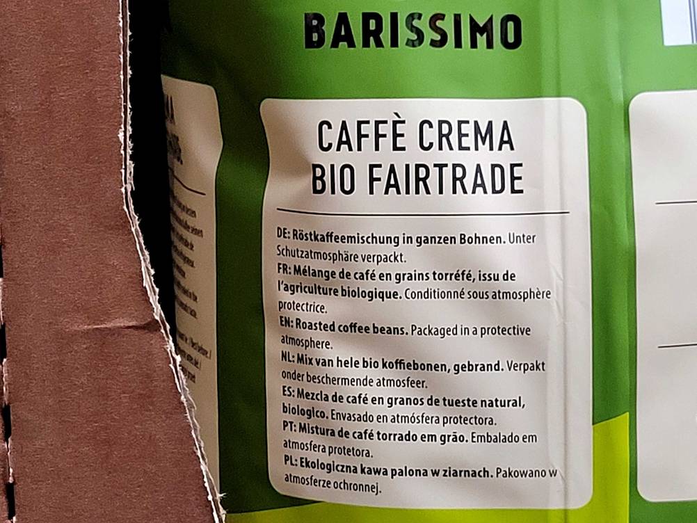 Fairtrade-Kaffeebohnen-Test: Nahaufnahme der Informationen auf der Rückseite.