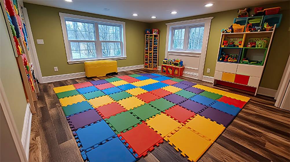 Fallschutzmatten im Test: Ein Zimmer, welches mit bunten Fallschutzmatten ausgelegt ist.