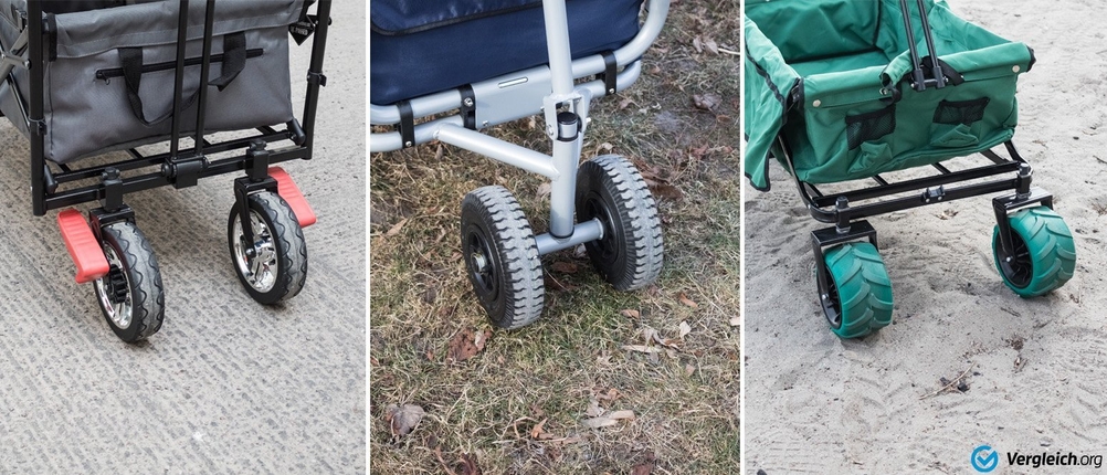 3 faltbare Bollerwagen und deren Reifen in Nahansicht