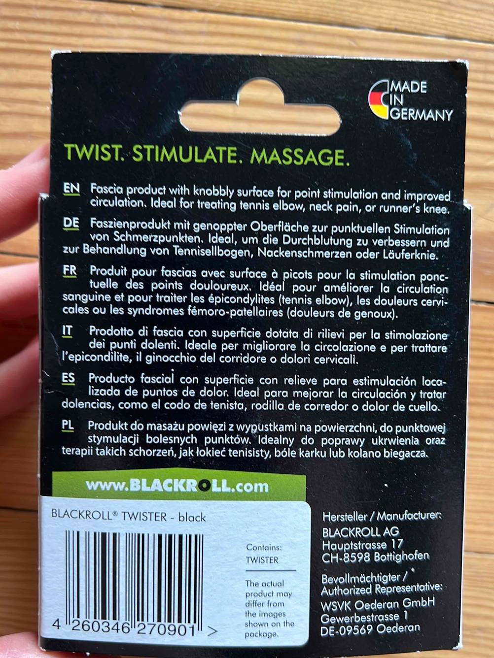 Rückseite der Originalverpackung einer getesteten Faszienrolle mit Informationen.