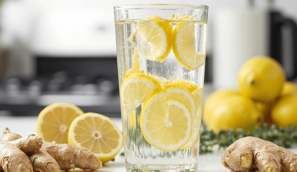 Fatburner-Test: Ein Glas Wasser mit Zitrone und Ingwer. 