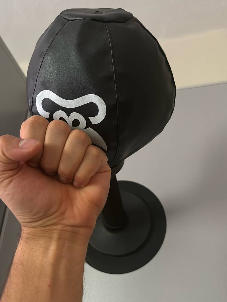 Eine geschlossene Faust berührt einen getesteten Punchingball in Schwarz der Marke Feierdun, der sich vor einem weißen Hintergrund befindet.