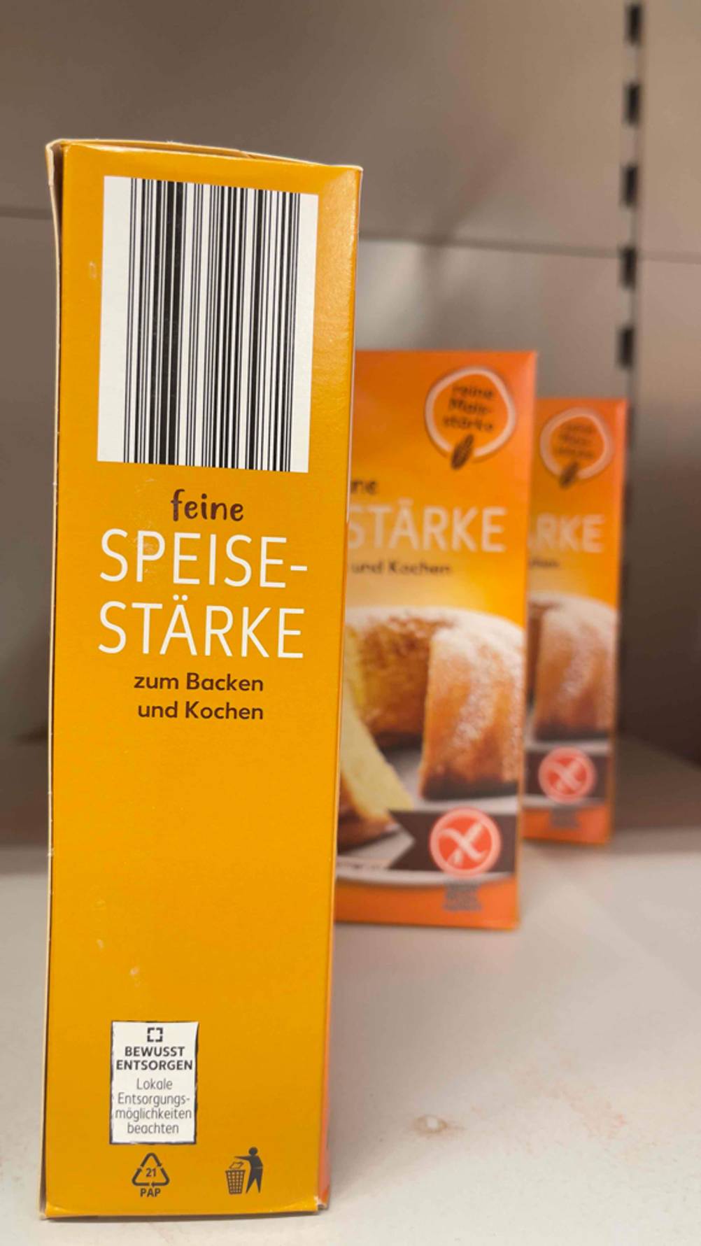 Auf der Seite einer Packung Speisestärke im Test steht die Verwendung.