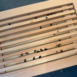 Krümel liegen auf dem Feinholz-Brotschneidebrett