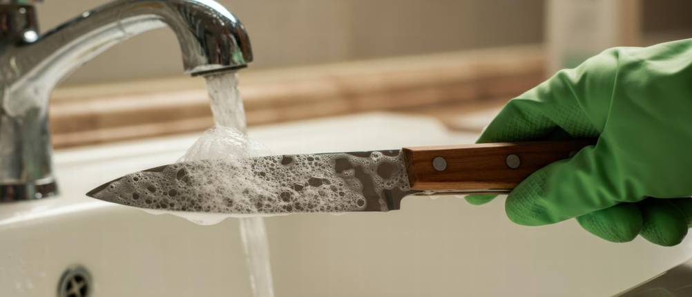 Felix-Messer im Test: Messer mit Holzgriff unter Wasserhahn mit Spülmittelschaum auf der Klinge