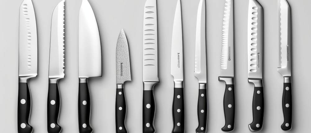 Felix-Messer im Test: zehn Messer mit schwarzem Griff und unterschiedlichen Klingen vor einem hellen Hintergrund