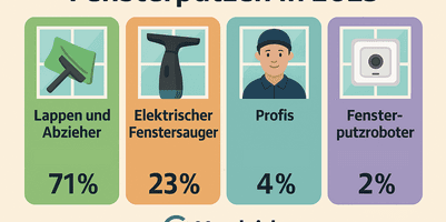 Grafische Darstellung, wie in Deutschland im jahr 2025 Fenster geputzt werden. Überschrift lautet: Fensterputzen in 2025. Nebeneinander sind 4 farbige Flächen mit den jeweiligen Prozentzahlen der genannten Angaben sowie Illustrationen der Antworten.