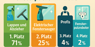 Das Bild zeigt eine Grafik mit den Anteilen der Antworten auf die Umfrage. Die Überschrift lautet "Fensterputzen in 2025". In einem grünen Kasten steht "Lappen und Abzieher". Es sind ein Abzieher und eine Reinigungsflasche sowie die Zahl 71 Prozent dargestellt. Darunter steht 1. Platz. Daneben in einem orangenen Kasten steht Elektrischer Fenstersauger. Darunter steht 2. Platz mit 25%. Rechts daneben befindet sich ein dunkelblauer Kasten mit einer Zeichnung eines Mannes darüber. In den Kasten steht 3. Platz mit 4 %. Am rechten Rand befindet sich ein hellblauer Kasten. Abgebildet ist hier eine Zeichnung einen Fensterputzroboters auf einem Fenster. Darunter steht Fensterputzroboter, 4. Platz und 2 %.